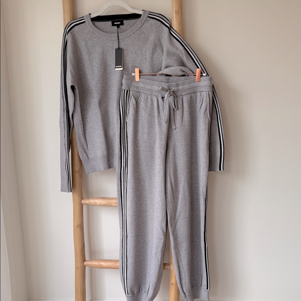 NEW Monrow Set Soft Knit Cozy Gray Luxury Lounge Jogger Sweater Sporty Stripe L - Picture 5 of 16